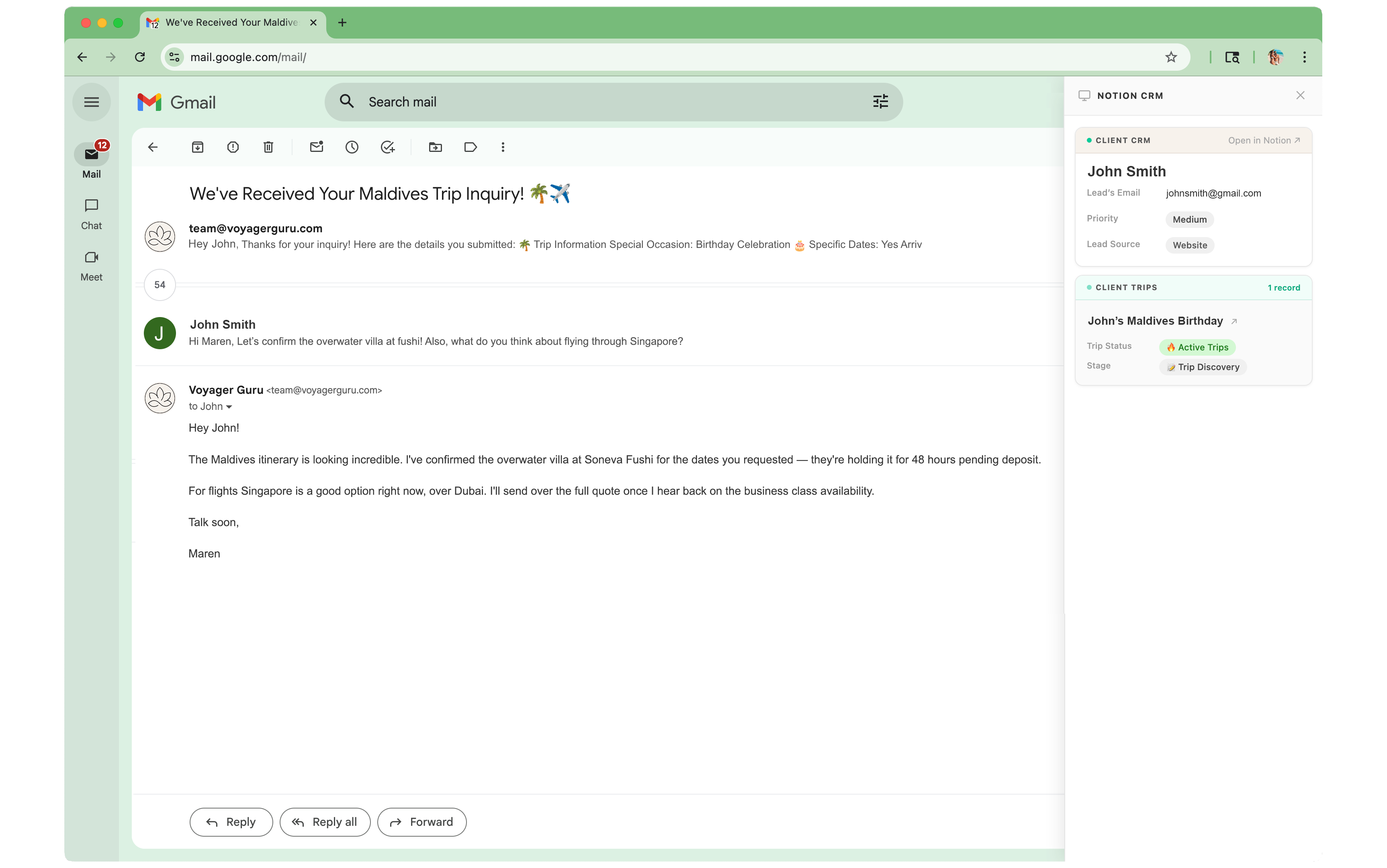 Notion CRM Sidebar showing client data inside Gmail